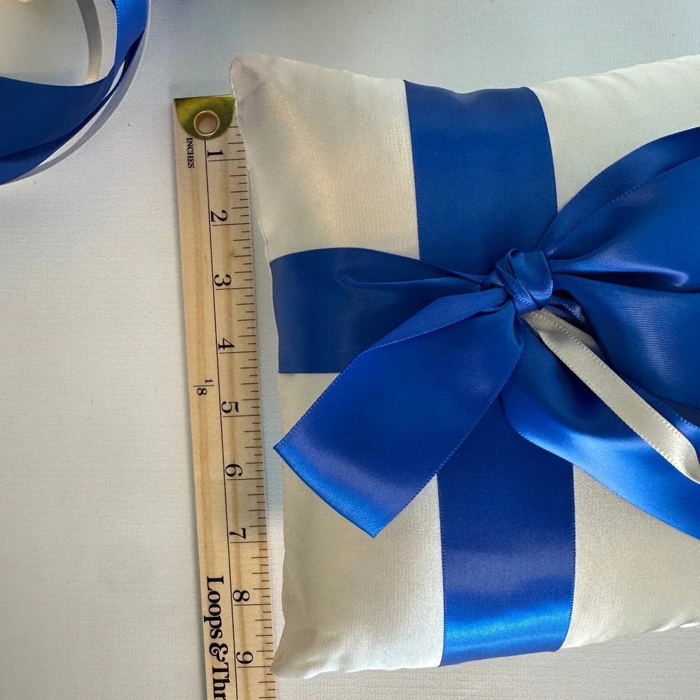 Wedding Ring‎ Bearer Pillow Ivory Satin Royal Blue Ribbon Bow Set of 2